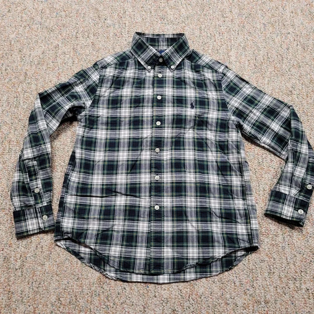 Ralph Lauren Shirt Boy Medium 10-12 Green Navy White Plaid OCBD Button Down Prep